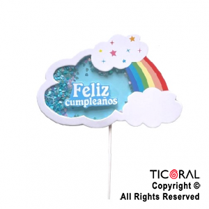 CAKE TOPPER FELIZ CUMPLEAOS ARCO IRIS CORAZONES CELESTE  X 1